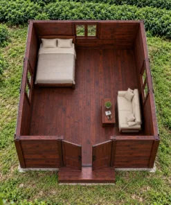 Nhà Gỗ Bungalow B38 - Đầu Hồi Ra Trước Cửa Đôi Ô Tam Giác Trên, Gỗ Thông Màu Nâu Cánh Gián