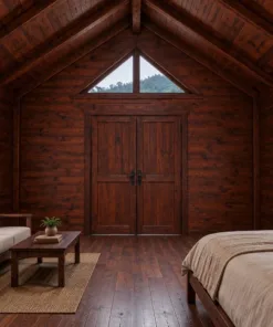 Nhà Gỗ Bungalow B38 - Đầu Hồi Ra Trước Cửa Đôi Ô Tam Giác Trên, Gỗ Thông Màu Nâu Cánh Gián