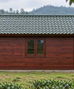 Nhà Gỗ Bungalow B38 - Đầu Hồi Ra Trước Cửa Đôi Ô Tam Giác Trên, Gỗ Thông Màu Nâu Cánh Gián