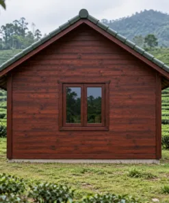 Nhà Gỗ Bungalow B38 - Đầu Hồi Ra Trước Cửa Đôi Ô Tam Giác Trên, Gỗ Thông Màu Nâu Cánh Gián