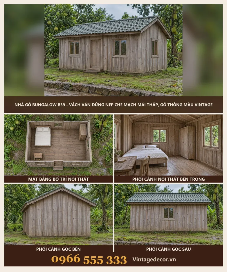 Nhà Gỗ Bungalow B39 Ván Đứng Nẹp Che Mạch