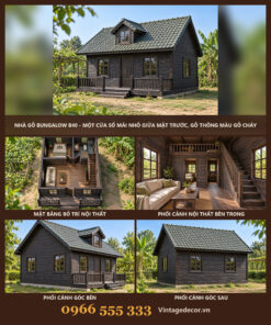 Nhà Gỗ Bungalow B40 - Một Cửa Sổ Mái Nhô Giữa Mặt Trước, Gỗ Thông Màu Gỗ Cháy