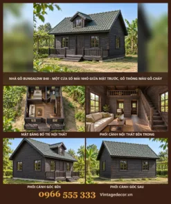Nhà Gỗ Bungalow B40 - Một Cửa Sổ Mái Nhô Giữa Mặt Trước, Gỗ Thông Màu Gỗ Cháy