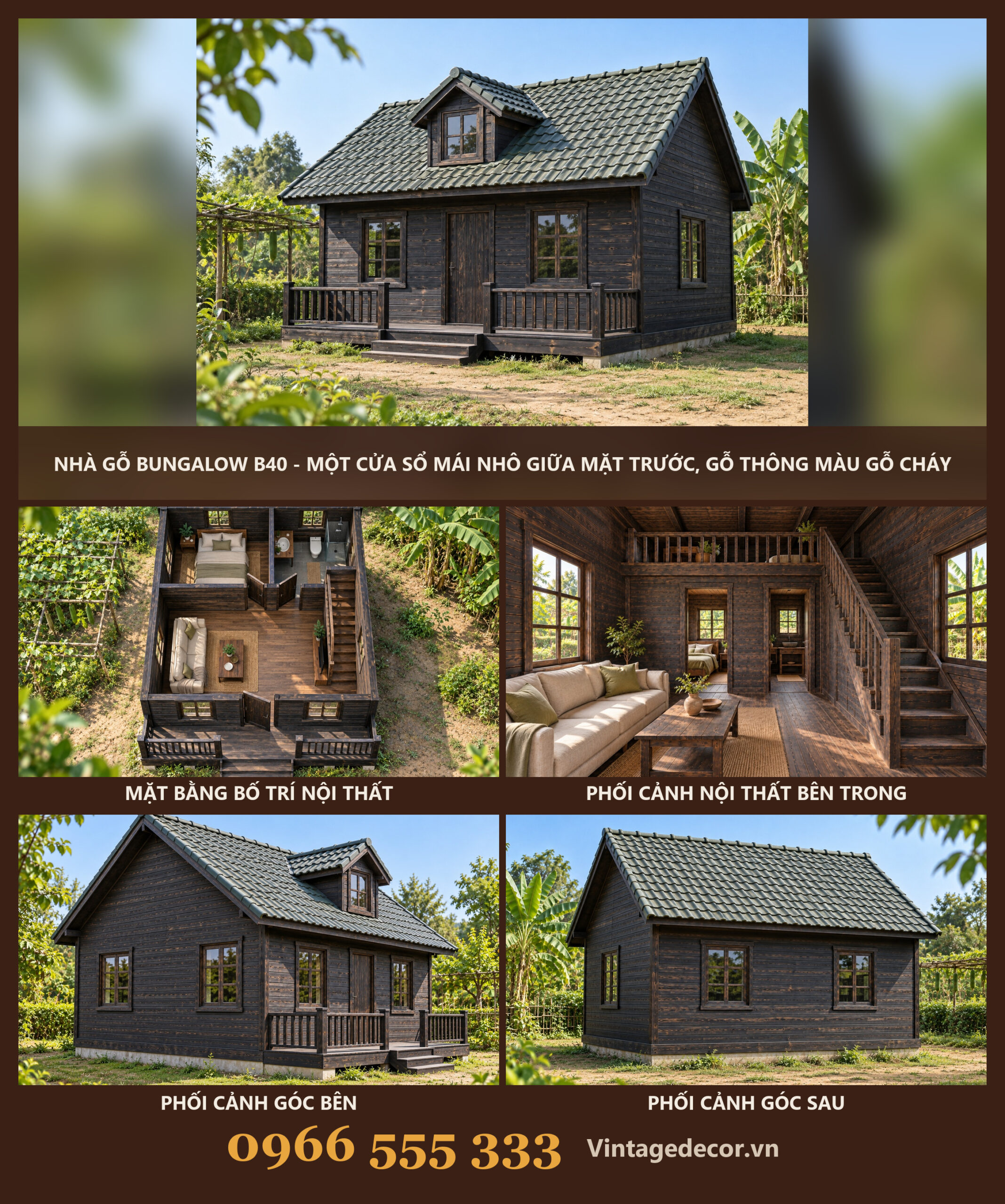 Nhà Gỗ Bungalow B40 - Một Cửa Sổ Mái Nhô Giữa Mặt Trước, Gỗ Thông Màu Gỗ Cháy Nhà Gỗ Bungalow B40 - Một Cửa Sổ Mái Nhô Giữa Mặt Trước, Gỗ Thông Màu Gỗ Cháy