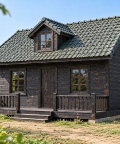 Nhà Gỗ Bungalow B40 - Một Cửa Sổ Mái Nhô Giữa Mặt Trước, Gỗ Thông Màu Gỗ Cháy