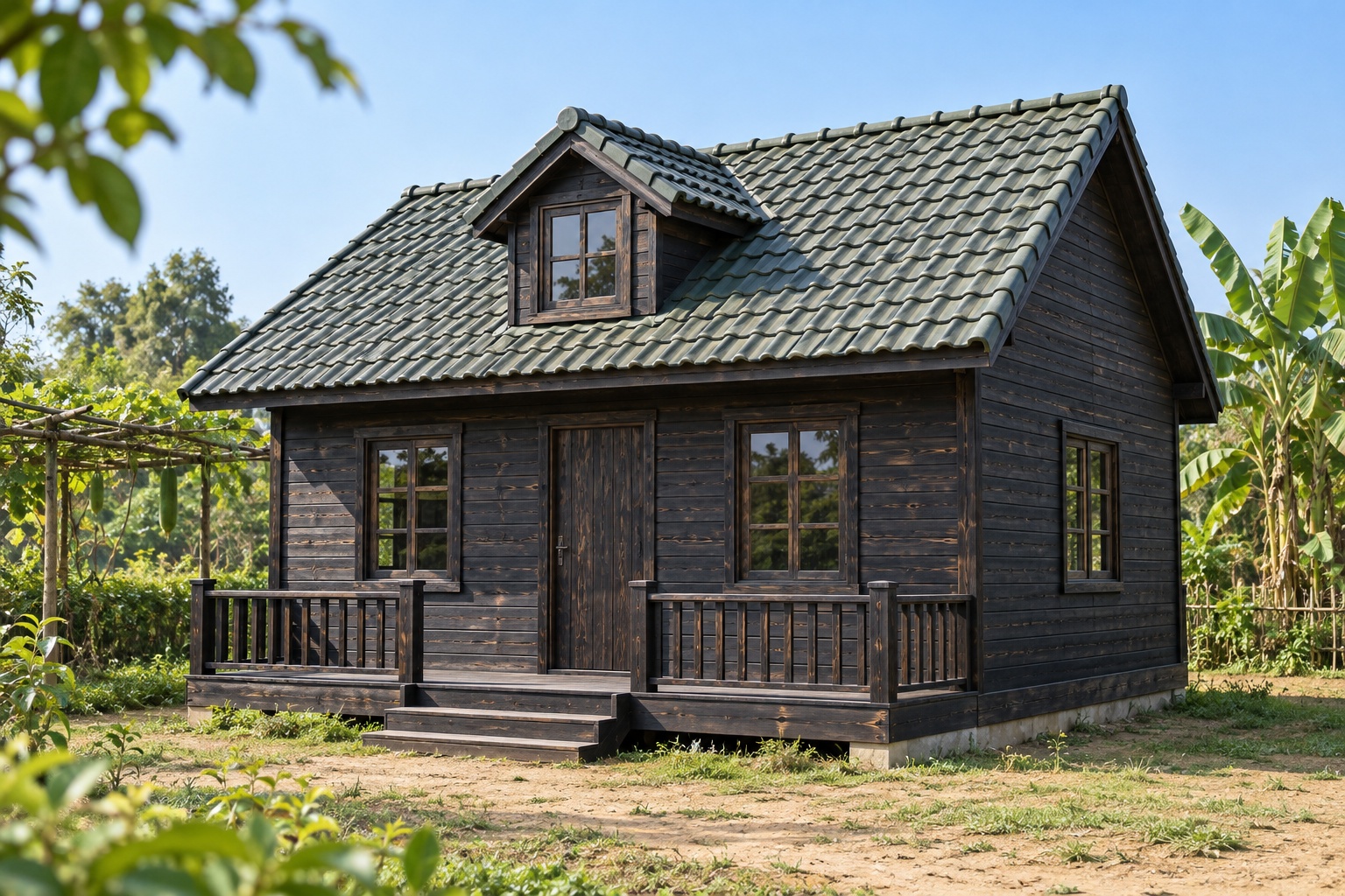 Nhà Gỗ Bungalow B40 - Một Cửa Sổ Mái Nhô Giữa Mặt Trước, Gỗ Thông Màu Gỗ Cháy Nhà Gỗ Bungalow B40 - Một Cửa Sổ Mái Nhô Giữa Mặt Trước, Gỗ Thông Màu Gỗ Cháy