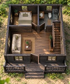 Nhà Gỗ Bungalow B40 - Một Cửa Sổ Mái Nhô Giữa Mặt Trước, Gỗ Thông Màu Gỗ Cháy