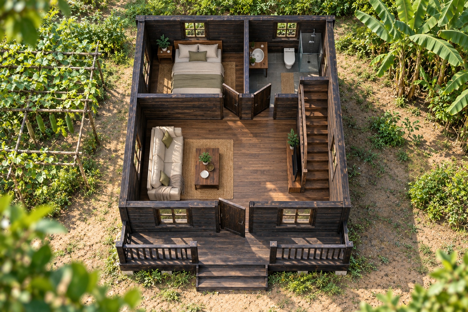 Nhà Gỗ Bungalow B40 - Một Cửa Sổ Mái Nhô Giữa Mặt Trước, Gỗ Thông Màu Gỗ Cháy Nhà Gỗ Bungalow B40 - Một Cửa Sổ Mái Nhô Giữa Mặt Trước, Gỗ Thông Màu Gỗ Cháy