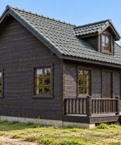 Nhà Gỗ Bungalow B40 - Một Cửa Sổ Mái Nhô Giữa Mặt Trước, Gỗ Thông Màu Gỗ Cháy