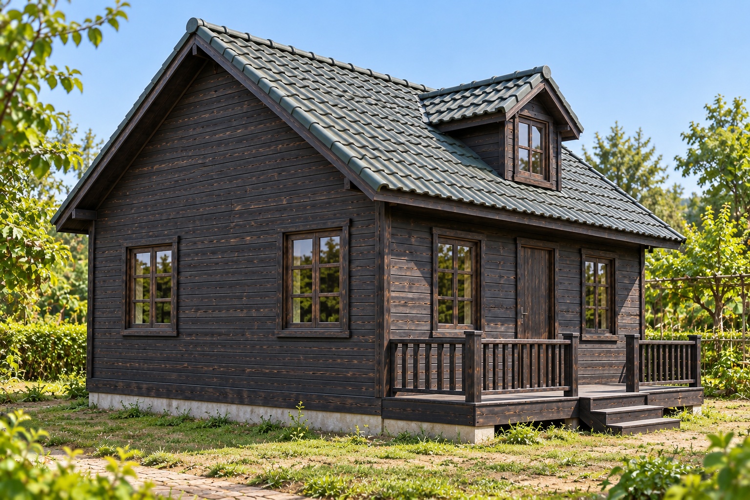 Nhà Gỗ Bungalow B40 - Một Cửa Sổ Mái Nhô Giữa Mặt Trước, Gỗ Thông Màu Gỗ Cháy Nhà Gỗ Bungalow B40 - Một Cửa Sổ Mái Nhô Giữa Mặt Trước, Gỗ Thông Màu Gỗ Cháy