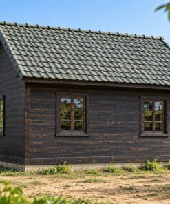 Nhà Gỗ Bungalow B40 - Một Cửa Sổ Mái Nhô Giữa Mặt Trước, Gỗ Thông Màu Gỗ Cháy