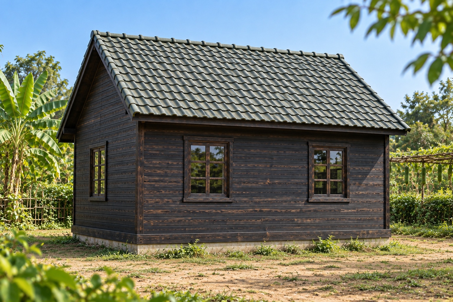 Nhà Gỗ Bungalow B40 - Một Cửa Sổ Mái Nhô Giữa Mặt Trước, Gỗ Thông Màu Gỗ Cháy Nhà Gỗ Bungalow B40 - Một Cửa Sổ Mái Nhô Giữa Mặt Trước, Gỗ Thông Màu Gỗ Cháy