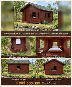 Nhà Gỗ Bungalow B41 - Cửa Sổ Lá Sách Hai Cánh Mở Ngoài, Gỗ Thông Màu Nâu Đỏ