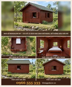 Nhà Gỗ Bungalow B41 - Cửa Sổ Lá Sách Hai Cánh Mở Ngoài, Gỗ Thông Màu Nâu Đỏ