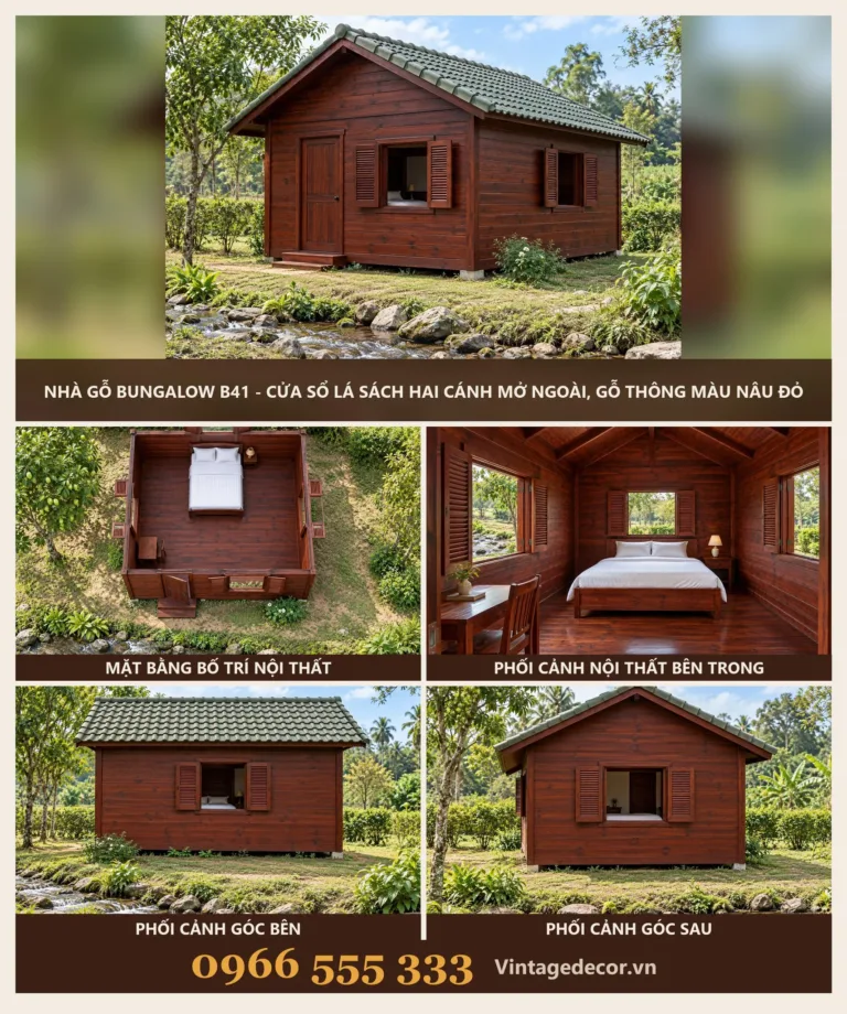 Nhà Gỗ Bungalow B41 Cửa Sổ Lá Sách