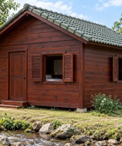Nhà Gỗ Bungalow B41 - Cửa Sổ Lá Sách Hai Cánh Mở Ngoài, Gỗ Thông Màu Nâu Đỏ