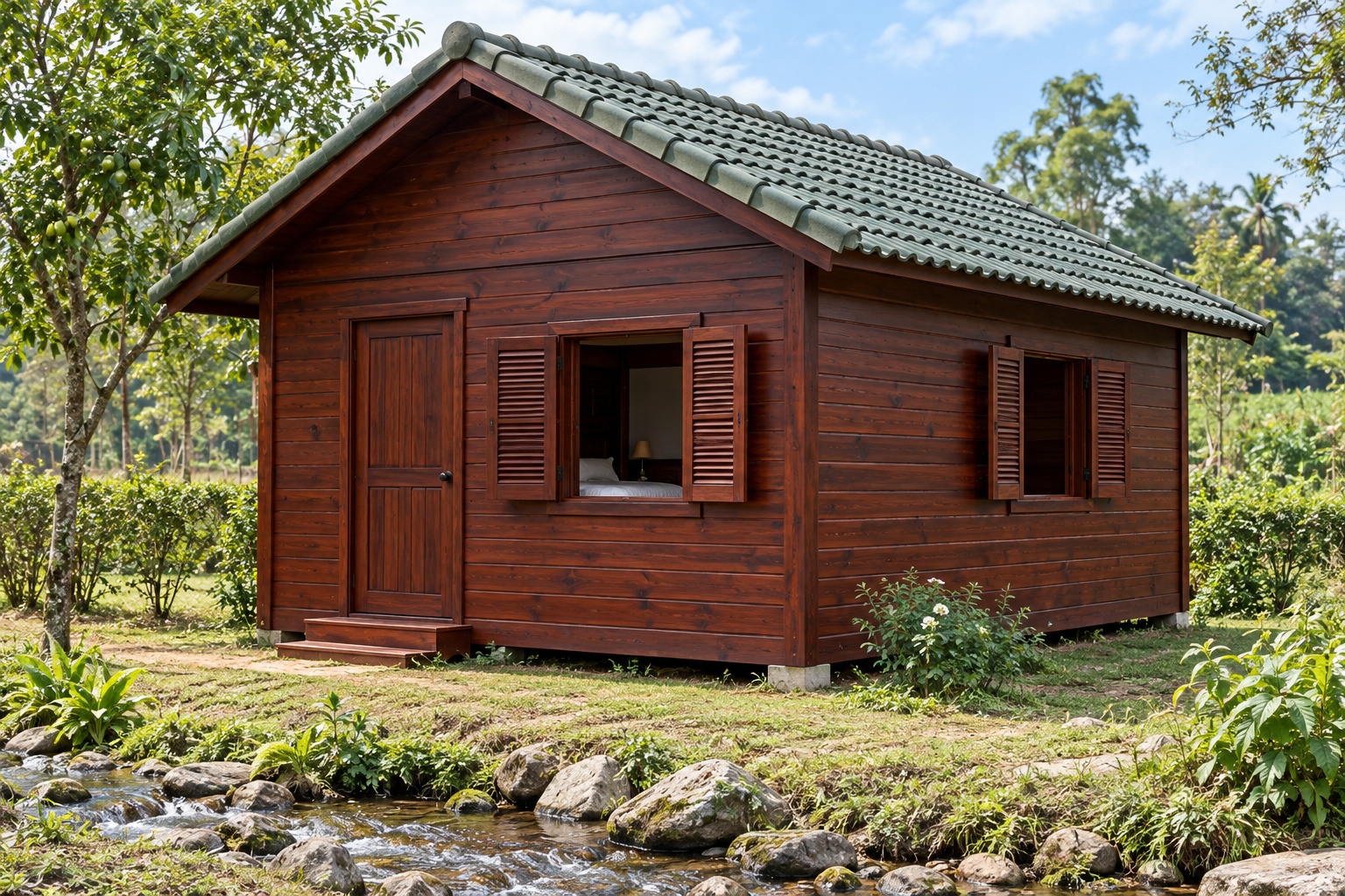 Nhà Gỗ Bungalow B41 - Cửa Sổ Lá Sách Hai Cánh Mở Ngoài, Gỗ Thông Màu Nâu Đỏ Nhà Gỗ Bungalow B41 - Cửa Sổ Lá Sách Hai Cánh Mở Ngoài, Gỗ Thông Màu Nâu Đỏ