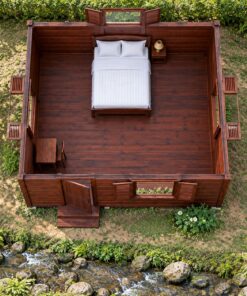 Nhà Gỗ Bungalow B41 - Cửa Sổ Lá Sách Hai Cánh Mở Ngoài, Gỗ Thông Màu Nâu Đỏ