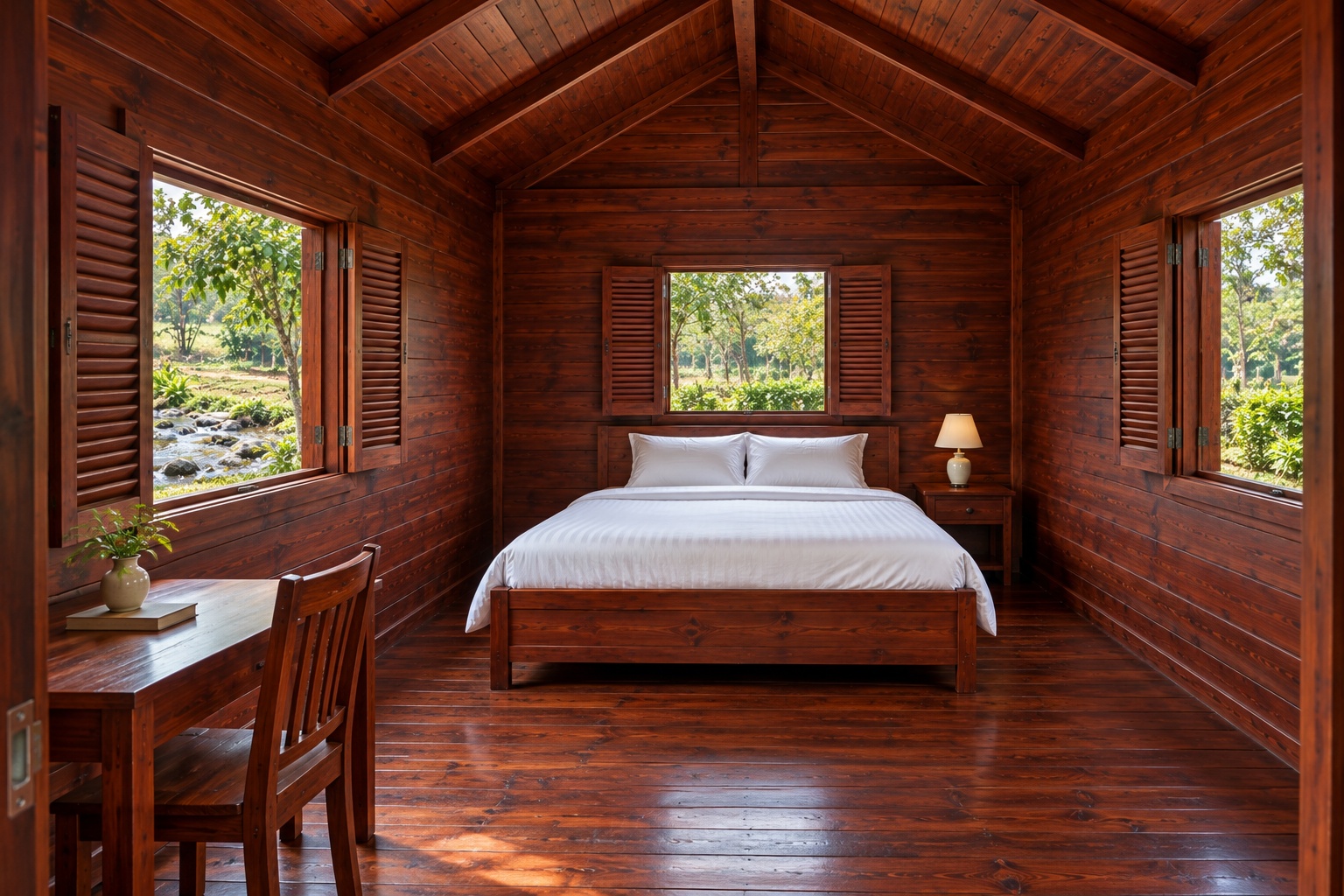 Nhà Gỗ Bungalow B41 - Cửa Sổ Lá Sách Hai Cánh Mở Ngoài, Gỗ Thông Màu Nâu Đỏ Nhà Gỗ Bungalow B41 - Cửa Sổ Lá Sách Hai Cánh Mở Ngoài, Gỗ Thông Màu Nâu Đỏ
