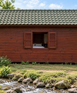 Nhà Gỗ Bungalow B41 - Cửa Sổ Lá Sách Hai Cánh Mở Ngoài, Gỗ Thông Màu Nâu Đỏ