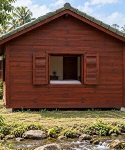 Nhà Gỗ Bungalow B41 - Cửa Sổ Lá Sách Hai Cánh Mở Ngoài, Gỗ Thông Màu Nâu Đỏ