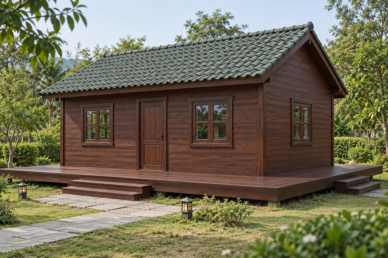 Nhà Gỗ Bungalow B42 - Sàn Gỗ Bao Ba Mặt Không Mái Hiên, Gỗ Thông Màu Nâu Cánh Gián Nhà Gỗ Bungalow B42 - Sàn Gỗ Bao Ba Mặt Không Mái Hiên, Gỗ Thông Màu Nâu Cánh Gián
