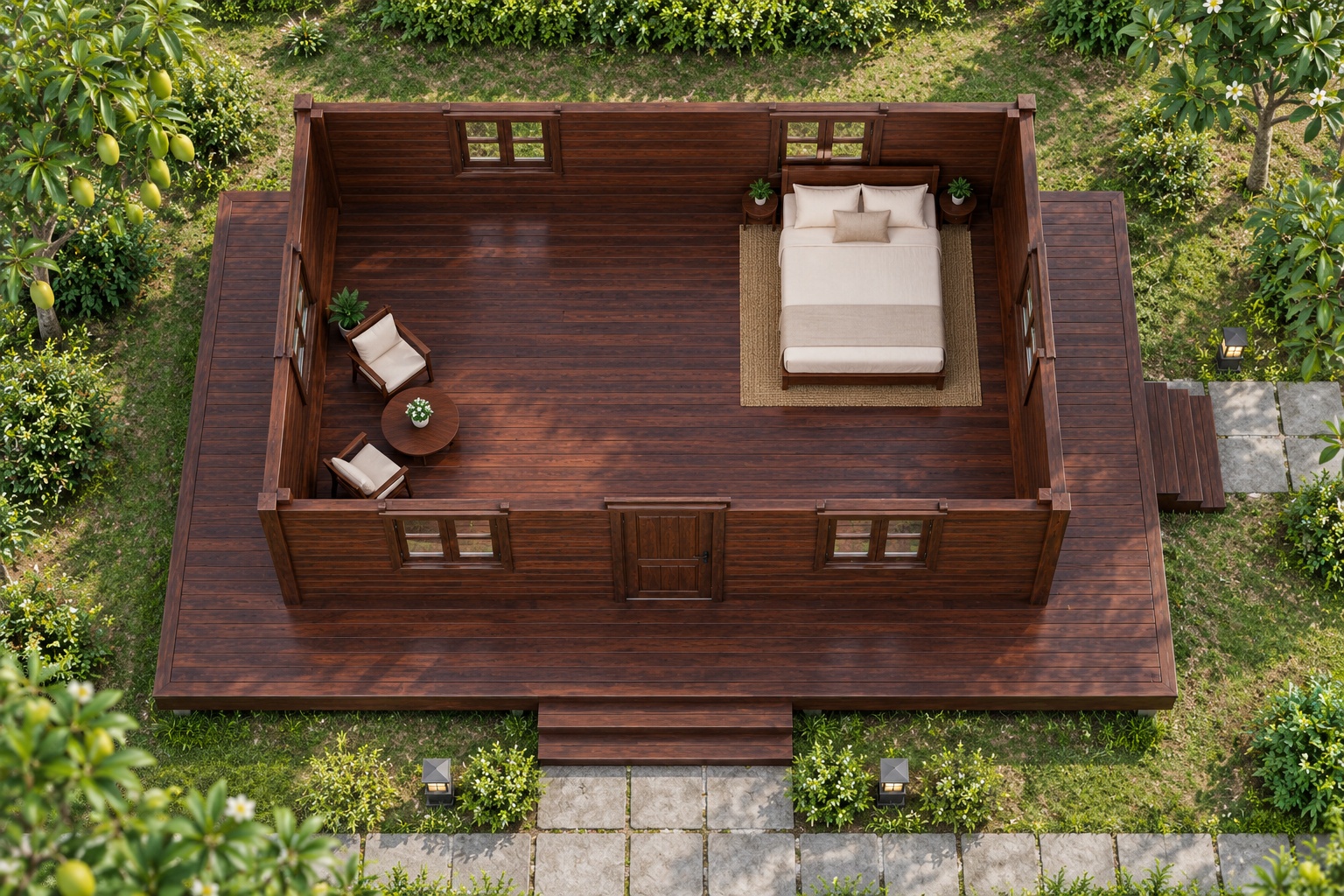 Nhà Gỗ Bungalow B42 - Sàn Gỗ Bao Ba Mặt Không Mái Hiên, Gỗ Thông Màu Nâu Cánh Gián Nhà Gỗ Bungalow B42 - Sàn Gỗ Bao Ba Mặt Không Mái Hiên, Gỗ Thông Màu Nâu Cánh Gián