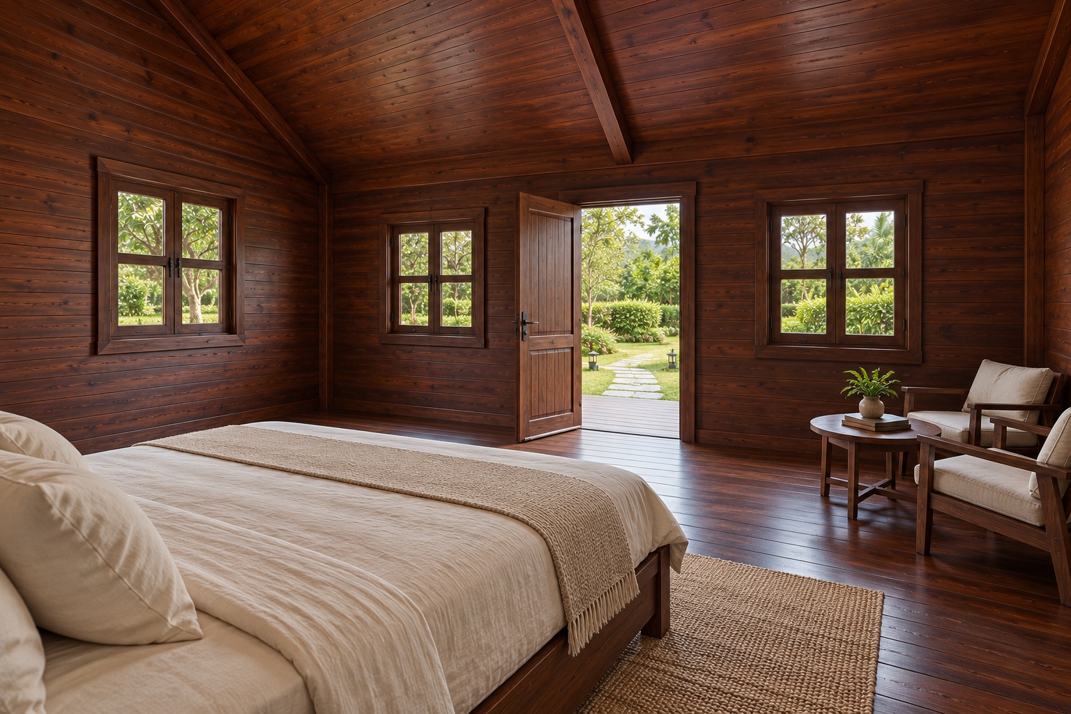 Nhà Gỗ Bungalow B42 - Sàn Gỗ Bao Ba Mặt Không Mái Hiên, Gỗ Thông Màu Nâu Cánh Gián Nhà Gỗ Bungalow B42 - Sàn Gỗ Bao Ba Mặt Không Mái Hiên, Gỗ Thông Màu Nâu Cánh Gián