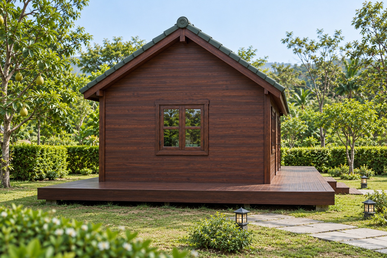 Nhà Gỗ Bungalow B42 - Sàn Gỗ Bao Ba Mặt Không Mái Hiên, Gỗ Thông Màu Nâu Cánh Gián Nhà Gỗ Bungalow B42 - Sàn Gỗ Bao Ba Mặt Không Mái Hiên, Gỗ Thông Màu Nâu Cánh Gián
