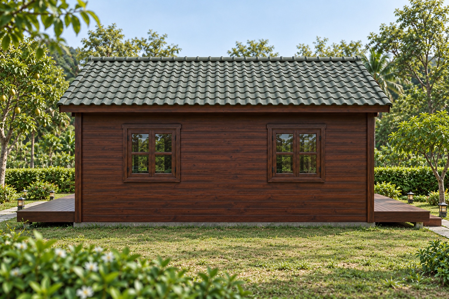 Nhà Gỗ Bungalow B42 - Sàn Gỗ Bao Ba Mặt Không Mái Hiên, Gỗ Thông Màu Nâu Cánh Gián Nhà Gỗ Bungalow B42 - Sàn Gỗ Bao Ba Mặt Không Mái Hiên, Gỗ Thông Màu Nâu Cánh Gián
