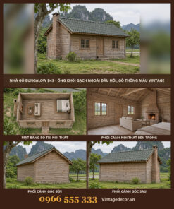 Nhà Gỗ Bungalow B43 - Ống Khói Gạch Ngoài Đầu Hồi, Gỗ Thông Màu Vintage