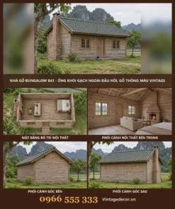 Nhà Gỗ Bungalow B43 - Ống Khói Gạch Ngoài Đầu Hồi, Gỗ Thông Màu Vintage
