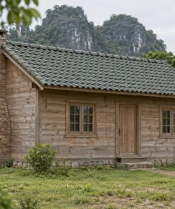 Nhà Gỗ Bungalow B43 - Ống Khói Gạch Ngoài Đầu Hồi, Gỗ Thông Màu Vintage