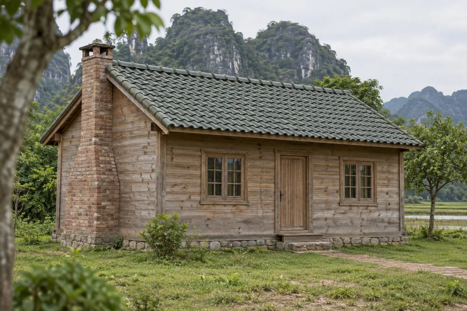Nhà gỗ B43 vách ván ngang màu bạc, ống khói gạch sát đầu hồi, mái ngói xanh rêu, núi đá phía sau