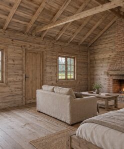 Nhà Gỗ Bungalow B43 - Ống Khói Gạch Ngoài Đầu Hồi, Gỗ Thông Màu Vintage