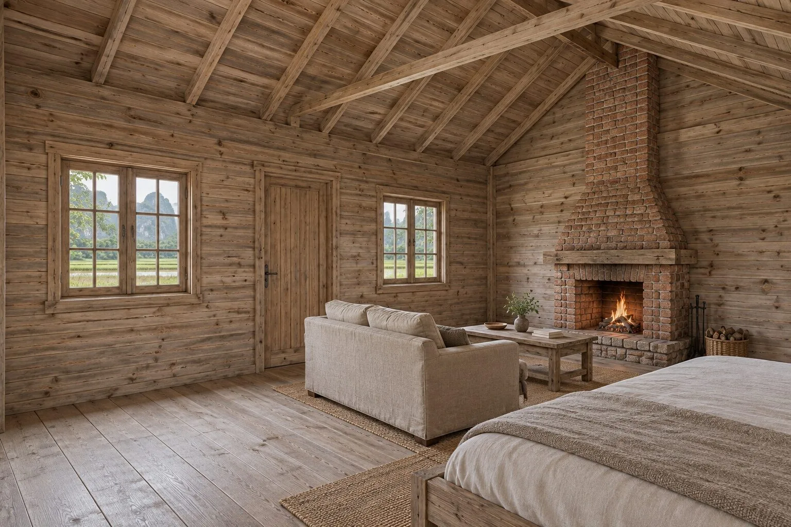 Bên trong B43: lò sưởi gạch giữa vách hồi có lửa, sofa và bàn nước phía trước, trần dốc lộ kèo gỗ