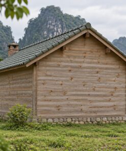 Nhà Gỗ Bungalow B43 - Ống Khói Gạch Ngoài Đầu Hồi, Gỗ Thông Màu Vintage