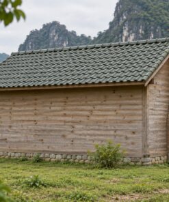 Nhà Gỗ Bungalow B43 - Ống Khói Gạch Ngoài Đầu Hồi, Gỗ Thông Màu Vintage