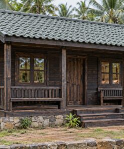 Nhà Gỗ Bungalow B44 - Hiên Trước Ghế Băng Liền Lan Can, Gỗ Thông Màu Gỗ Cháy