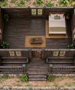 Nhà Gỗ Bungalow B44 - Hiên Trước Ghế Băng Liền Lan Can, Gỗ Thông Màu Gỗ Cháy