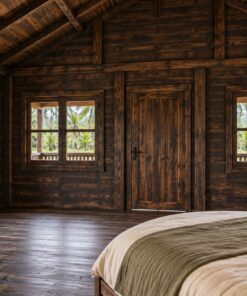 Nhà Gỗ Bungalow B44 - Hiên Trước Ghế Băng Liền Lan Can, Gỗ Thông Màu Gỗ Cháy
