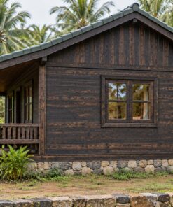 Nhà Gỗ Bungalow B44 - Hiên Trước Ghế Băng Liền Lan Can, Gỗ Thông Màu Gỗ Cháy
