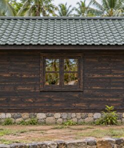 Nhà Gỗ Bungalow B44 - Hiên Trước Ghế Băng Liền Lan Can, Gỗ Thông Màu Gỗ Cháy