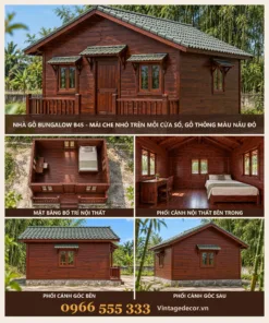 Nhà Gỗ Bungalow B45 - Mái Che Nhỏ Trên Mỗi Cửa Sổ, Gỗ Thông Màu Nâu Đỏ