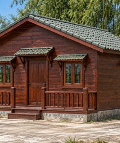 Nhà Gỗ Bungalow B45 - Mái Che Nhỏ Trên Mỗi Cửa Sổ, Gỗ Thông Màu Nâu Đỏ