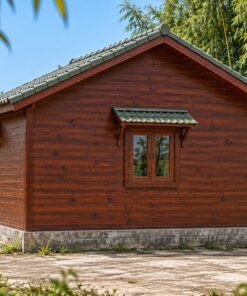 Nhà Gỗ Bungalow B45 - Mái Che Nhỏ Trên Mỗi Cửa Sổ, Gỗ Thông Màu Nâu Đỏ