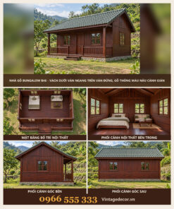 Nhà Gỗ Bungalow B46 - Vách Dưới Ván Ngang Trên Ván Đứng, Gỗ Thông Màu Nâu Cánh Gián