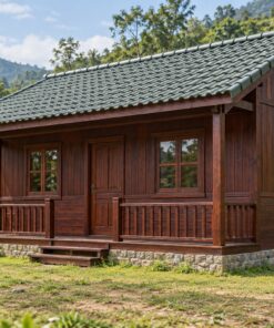 Nhà Gỗ Bungalow B46 - Vách Dưới Ván Ngang Trên Ván Đứng, Gỗ Thông Màu Nâu Cánh Gián