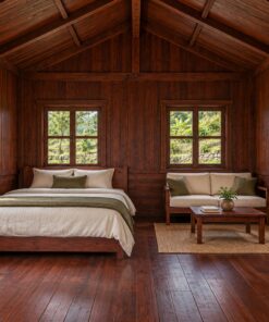 Nhà Gỗ Bungalow B46 - Vách Dưới Ván Ngang Trên Ván Đứng, Gỗ Thông Màu Nâu Cánh Gián
