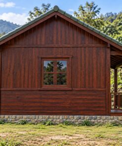 Nhà Gỗ Bungalow B46 - Vách Dưới Ván Ngang Trên Ván Đứng, Gỗ Thông Màu Nâu Cánh Gián